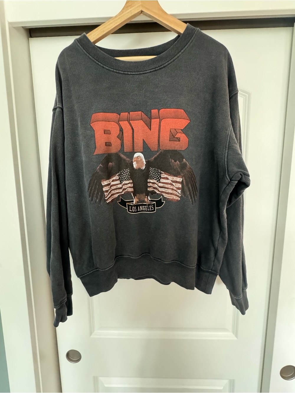 Anine Bing Black Crewneck Sweatshirt with Red Logo and Eagle Graphic